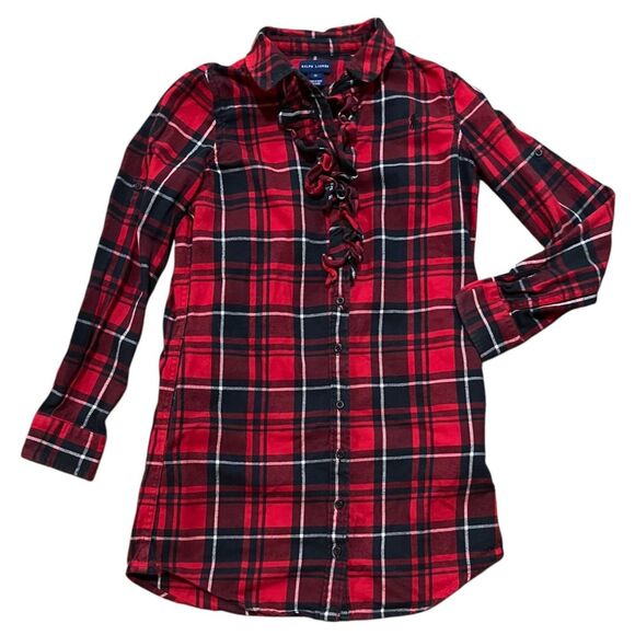 RALPH LAUREN Girl's Red Plaid Cotton Flannel Christmas Dress Blue Pony Sz 12 EUC